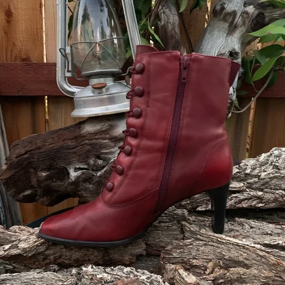 Vintage Markon Oxblood Red Leather Square Toe Stack Heel Pinup Retro Ankle Boots - Picture 4 of 9